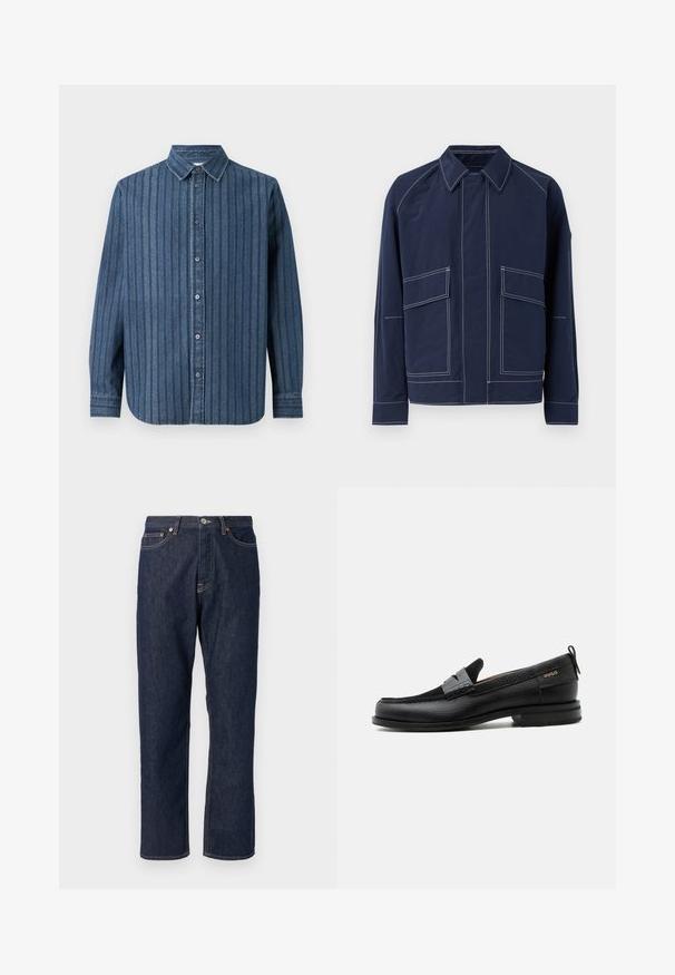 Marineblaue Jacke mit Kragen, zwei großen Fronttaschen, kontrastierender weißer Naht und lockerer Passform. Hergestellt aus leichtem Material.; Samsøe Samsøe SADAMON SHIRT - Hemd - denim; Dunkelblaue Denimjeans mit geradem Bein-Design. Verfügt über einen Knopf- und Reißverschluss, fünf Taschen und Kontrastnähte.; Schwarzer Lederloafer mit grauem Riemendetail, niedrigem Absatz und strukturierter Sohle, seitlich mit „HUGO“ in Gold gebrandmarkt.