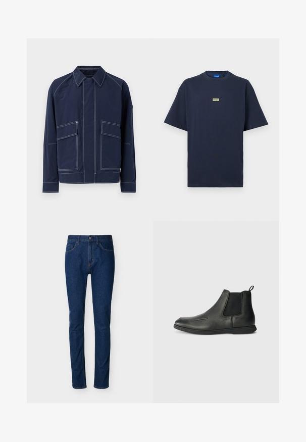 Marineblaue Jacke mit Kragen, zwei großen Fronttaschen, kontrastierender weißer Naht und lockerer Passform. Hergestellt aus leichtem Material.; Marineblaue T-Shirt mit kurzen Ärmeln und einem kleinen beigen rechteckigen Logo mit der Aufschrift "HUGO" in der Mitte der Brust.; Dunkelblaue Denim-Jeans mit schmaler Passform, Fünf-Taschen-Design, sichtbaren Nahtdetails und Knopfverschluss an der Taille. Glatte Textur.; Schwarze Leder-Ankle-Boots mit glatter Textur, elastischen Seitenpanelen und einer Zuglasche auf der Rückseite. Rundspitze und Gummisohle.