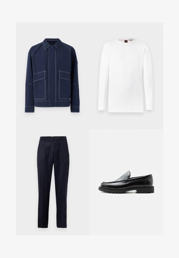 Marineblauwe jas met een kraag, twee grote voorzakken, contrasterende witte stiksels en een ontspannen pasvorm. Gemaakt van lichtgewicht materiaal.; Wit T-shirt met lange mouwen van een gestructureerd materiaal, met een ronde halslijn en een subtiel reliëflogo in het midden.; Marineblauwe op maat gemaakte broek met plooien aan de voorkant, riemlussen en een taps toelopend ontwerp op een witte achtergrond.; Zwarte leren loafer met dikke rubberen zool, gestikte bovenkant en gegraveerde merknaam op de hiel, zijaanzicht op witte achtergrond.