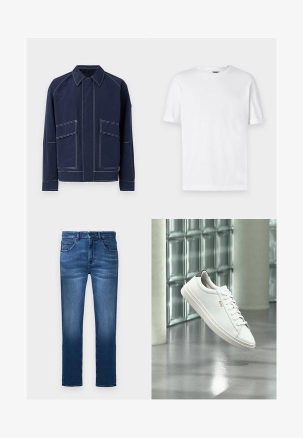 Marineblå jakke med krave, to store frontlommer, kontrast hvide sømme og afslappet pasform. Lavet af letvægtsmateriale.; Hvid bomulds T-shirt med rund hals, korte ærmer og oprevet manchetter; enkel design, blød tekstur og lige snit.; Mørkeblå jeans lavet af denim med fem lommer, lynlås og lige ben-design med let fading på lårene.; Hvid læder lav-top sneaker med snørebånd, sort hælflig og "BOSS"-logo, svævende indendørs nær glasblok væg og poleret gulv.