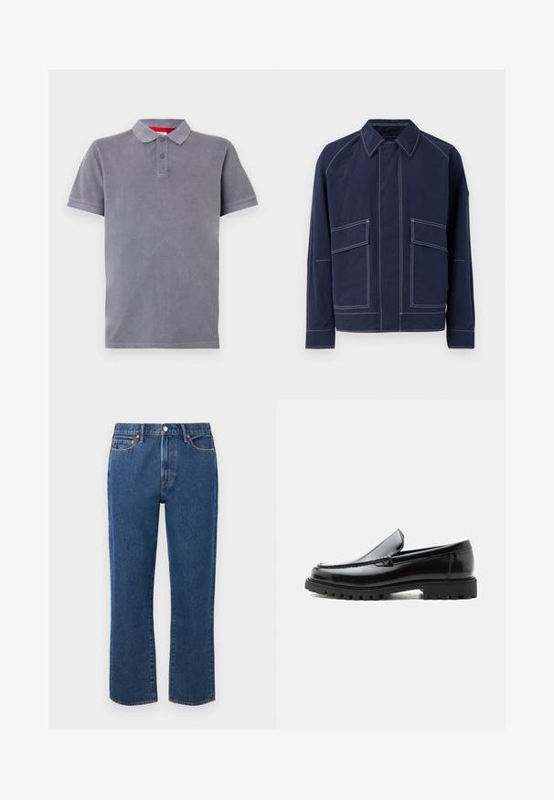 Veste bleu marine avec un col, deux grandes poches avant, des coutures blanches contrastées et une coupe décontractée. Fabriquée en matériau léger.; Polo gris avec une texture douce, patte de boutonnage à trois boutons, manches courtes et un logo discret sur la poitrine. Accentué par un col intérieur rouge.; Jean droit bleu en denim, doté d'un bouton de fermeture, de cinq poches et de coutures contrastantes orange.; Mocassin en cuir noir avec semelle en caoutchouc épaisse, dessus cousu et nom de marque embossé sur le talon, présenté de profil sur fond blanc.