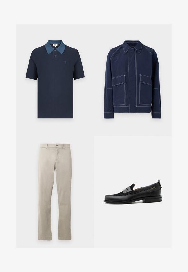 Marineblauwe jas met een kraag, twee grote voorzakken, contrasterende witte stiksels en een ontspannen pasvorm. Gemaakt van lichtgewicht materiaal.; Marineblauw poloshirt met een contrasterende blauwe kraag, korte mouwen, gestructureerde stof en een klein geborduurd hartontwerp op de borst.; Beige katoenen chinos met een recht model, voorzien van een knoopsluiting en voorzakken. Gladde textuur met subtiele stikdetails.; Zwarte leren loafer met grijs riemdetailelement, lage hak en gestructureerde zool, aan de zijkant gebrandmerkt met "HUGO" in goud.