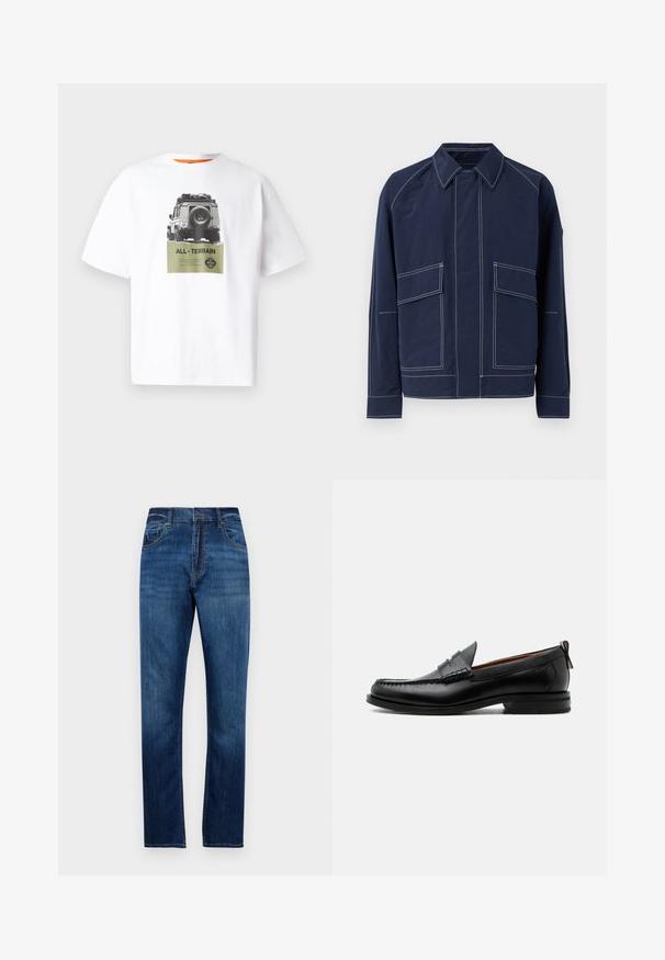 Marineblå jakke med krave, to store frontlommer, kontrast hvide sømme og afslappet pasform. Lavet af letvægtsmateriale.; Hvid bomulds t-shirt med et grafik af et køretøj og teksten "ALL-TERRAIN" i grøn, med et sort-hvidt design. Orange inderside af kraven.; Blå lige ben denim jeans med fem lommer, bæltestropper og knaplukning, præsenteret på en enkel hvid baggrund.; Sort læder herre loafer med moc-tå syning, penny strop, struktureret krave og lav stablet hæl på hvid baggrund.