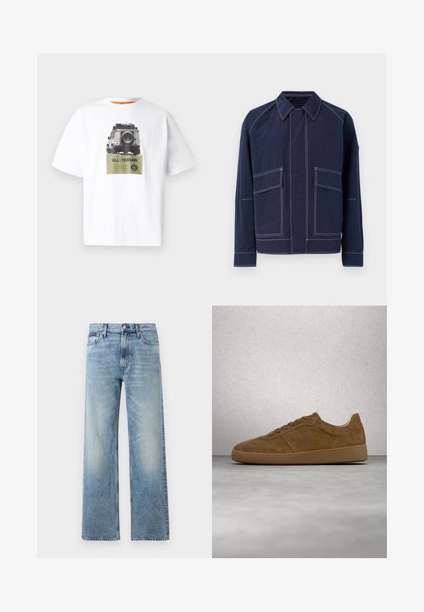 Marineblaue Jacke mit Kragen, zwei großen Fronttaschen, kontrastierender weißer Naht und lockerer Passform. Hergestellt aus leichtem Material.; Weißes Baumwoll-T-Shirt mit einem Grafikdesign eines Fahrzeugs und dem Text "ALL-TERRAIN" in Grün, mit einem Schwarz-Weiß-Design. Orangefarbener Innenkragen.; Hellblaue Jeans mit geradem Bein, hohem Bund, fünf Taschen, Knopfverschluss und dezentem Verblassen an Oberschenkeln und Knien.; Brauner Veloursleder-Sneaker mit hellbraunen Schnürsenkeln und Gummisohle. Verfügt über eine abgerundete Zehenpartie und gestickte Details am Obermaterial. Leichtes Design.