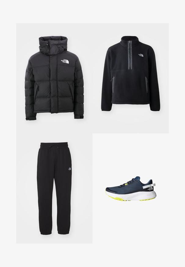 Schwarze Daunenjacke mit hohem Kragen, Reißverschluss vorne und einem gestickten Logo auf der oberen linken Seite. Verfügt über gesteppte Abschnitte und elastische Bündchen.; Schwarzer Fleece-Halbzip-Pullover mit hohem Kragen, ausgestattet mit einer Brusttasche und zwei Seitentaschen. Das Design enthält einen kontrastierenden Reißverschluss.; Schwarze Jogginghose aus weichem Stoff, mit einem elastischen Bund und Kordelzug, Bündchen an den Knöcheln und einem kleinen Logo am Oberschenkel.; Laufschuhe mit einem Obermaterial aus marineblauem Mesh, weißer Zwischensohle und knallgelbem Außensohlene. Sie verfügen über einen gepolsterten Schaft und reflektierende Akzente.