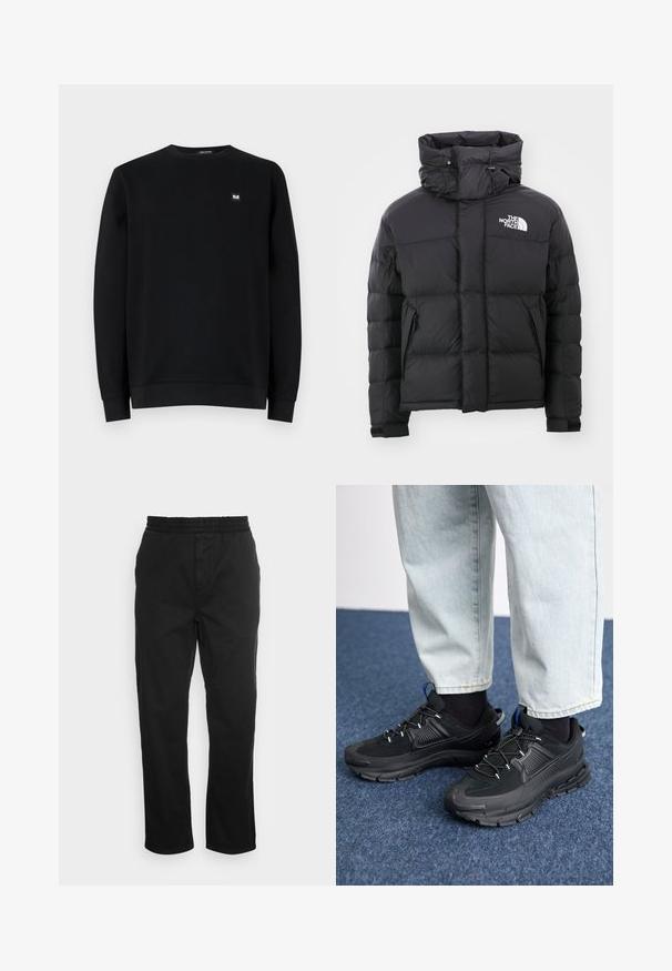 Sort pufferjakke med høj krave, lynlås foran og et broderet logo på den øverste venstre side. Har kviltede sektioner og elastiske manchetter.; Sort sweatshirt, rund hals, lange ærmer, lavet af blødt stof. Har en lille logo-patch på brystet. Rent design, ingen mønstre.; Sorte bomuldsbukser med elastisk talje, lige ben og sidelommer. Glat tekstur uden mønstre eller accenter.; Sorte træningssko med tekstureret stof og gummisåler, udstyret med elastiske snørebånd og en blå detalje på hælen. Bæres med lyse denimbukser.