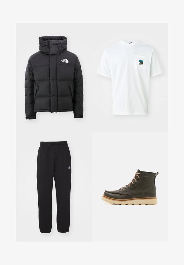 Schwarze Daunenjacke mit hohem Kragen, Reißverschluss vorne und einem gestickten Logo auf der oberen linken Seite. Verfügt über gesteppte Abschnitte und elastische Bündchen.; Weißes Baumwoll-T-Shirt mit kurzen Ärmeln, ausgestattet mit einer Brusttasche, die ein farbiges Grafikmotiv von Bergen und den Text "THE NORTH FACE" zeigt.; Schwarze Jogginghose aus weichem Stoff, mit einem elastischen Bund und Kordelzug, Bündchen an den Knöcheln und einem kleinen Logo am Oberschenkel.; Dunkelgrüne Lederknöchelstiefel mit beigen Schnürsenkeln, gepolsterter Schuhkragen und strukturiertem Gummisohle. Verfügt über wasserdichte Markierungen und Nähdetails.