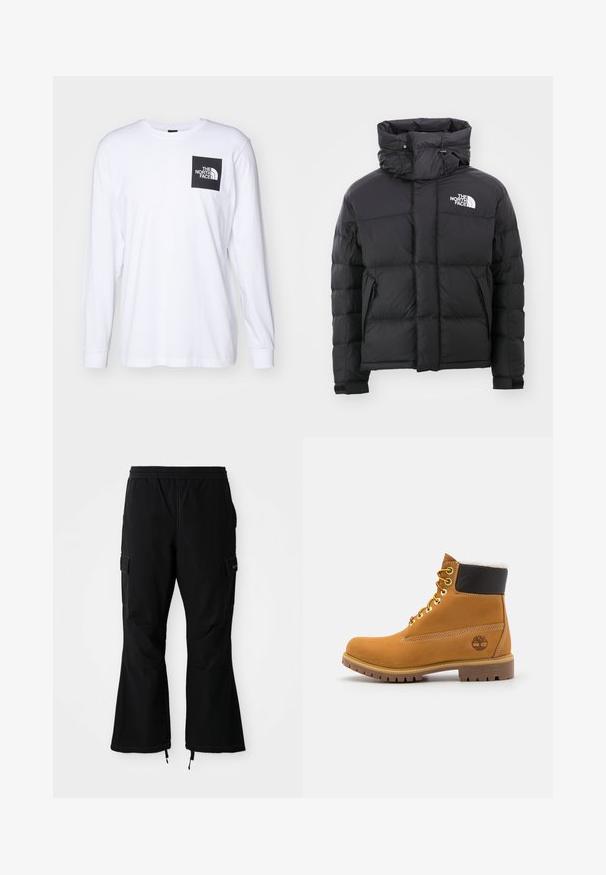 Chaqueta acolchada negra con cuello alto, frontal con cremallera y un logotipo bordado en la parte superior izquierda. Cuenta con secciones acolchadas y puños elásticos.; Camiseta de manga larga blanca con un logo cuadrado negro que dice "The North Face" en la parte superior izquierda del pecho.; Pantalones cargo negros con cintura elástica, con bolsillos laterales y piernas acampanadas con cremalleras en los puños, exhibidos sobre un fondo blanco.; Botín de cuero marrón con ojales de metal, forro de piel sintética blanca, cuello acolchado negro, suela resistente y logotipo en relieve en el costado.
