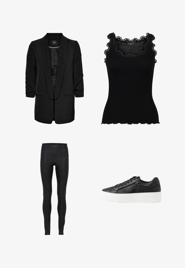 Sort blazerjakke med en glat overflade, åben front, sjalskrave og to frontlommer. Trekvartærmer og en skræddersyet pasform.; Sort ribbet tanktop med blonder trim ved halsudskæringen og ærmegabene. Har en tætsiddende design og bølgede kanter for ekstra tekstur.; Sorte læderleggings med høj talje, glat tekstur og tætsiddende pasform fra talje til ankel.; Sort læder sneakers med struktureret overflade, hvid gummisål, rund tå og snøre-design. Har syede detaljer og glat tunge.