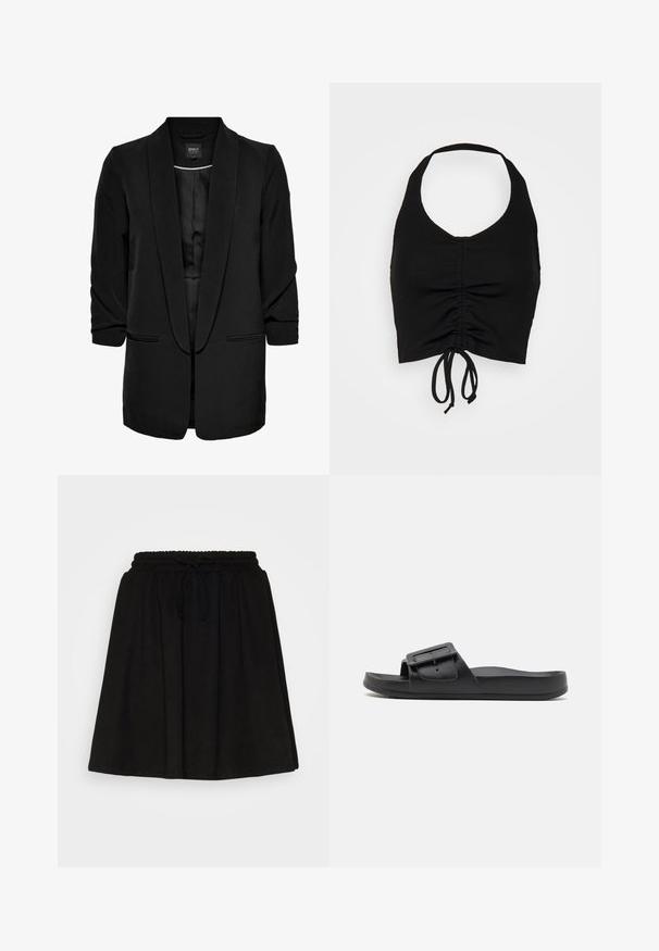 Blazer negro con una textura suave, con el frente abierto, cuello chal y dos bolsillos frontales. Mangas tres cuartos y un corte ajustado.; Even&Odd Top - black; Falda patinadora negra de tela suave, con una cintura elástica y cordón. Diseño acampanado con una textura suave.; Chancla negra con una correa ancha, hebilla ajustable, suela plana y textura mate suave. Diseño simple sin patrones adicionales.