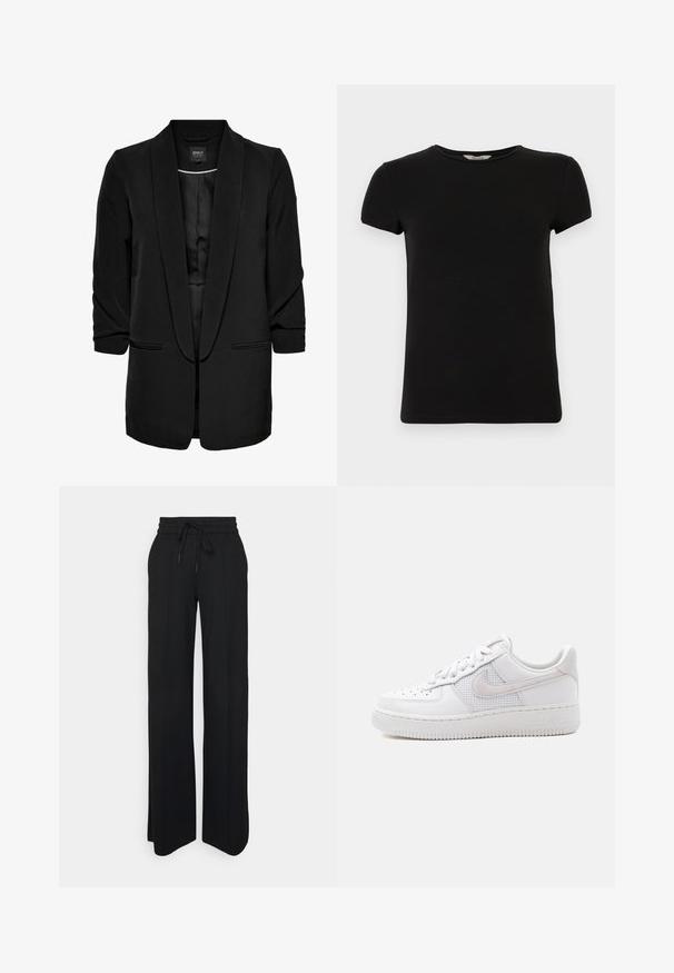 Blazer noir avec une texture lisse, à l'avant ouvert, col châle et deux poches avant. Manches trois-quarts et coupe ajustée.; T-shirt noir à manches courtes avec un col rond, fabriqué en coton lisse, présentant un design simple sans motifs ou accents visibles.; Pantalons larges noirs en tissu doux. Dotés d'une taille élastique avec cordon de serrage, de lignes épurées et sans motifs ni accents visibles.; Baskets Nike Air Force 1 basses blanches avec lacets blancs, perforations sur l'embout, et panneau en mesh derrière le logo Nike Swoosh.