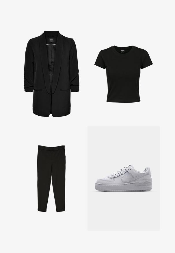 Blazer negro con una textura suave, con el frente abierto, cuello chal y dos bolsillos frontales. Mangas tres cuartos y un corte ajustado.; Camiseta negra de manga corta fabricada en algodón suave, con un cuello redondo y un corte ajustado. Sin patrones ni acentos visibles.; Pantalones negros de tela tejida, con un diseño de corte recto, parte delantera plana y puños en los tobillos para un aspecto estilizado.; Zapatilla Nike Air Force 1 gris con puntera perforada, parte superior de cuero suave, suela gruesa y detalle en relieve 'AIR' en el talón.