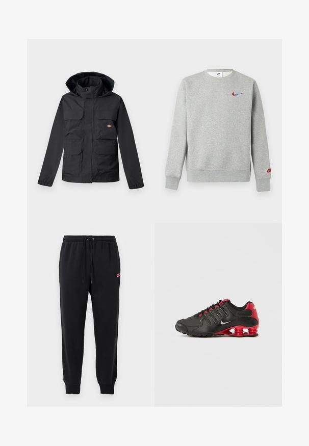 Zwarte waterdichte jas met een capuchon, voorzien van vier voorzakken, een ritsluiting en elastische manchetten. Glad textuur, functioneel ontwerp.; Lichtgrijze crewneck-trui met kleine rode en blauwe Nike-logo's op de borst en linker mouw, met geribbelde boorden en zoom.; Zwarte sweatpants van zacht materiaal met een elastische tailleband, een verstelbare trekkoord en een klein roze Nike-logo aan de linkerkant.; Zwart atletische schoen met een gestructureerd bovenwerk, rode accenten en Nike-logo. Voorzien van een veterafsluiting en een kenmerkend gedempt hielontwerp.
