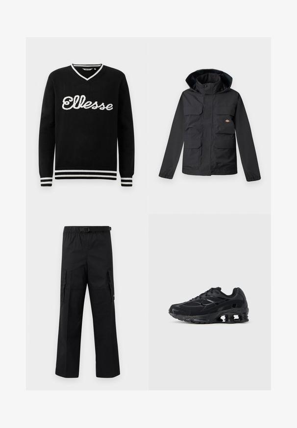Sort vandtæt jakke med hætte, der har fire forlommer, lynlås foran og elastiske manchetter. Glat tekstur, funktionelt design.; Sort V-hals sweater med hvid "Ellesse" logo over brystet og hvide striber på kraven, manchetterne og kanten.; Sorte cargo-bukser med bred ben-design, justerbar talje med spænde og to sidelommer til opbevaring. Letvægtsstof.; Sort atletiksko med mesh-overdel, polstret krave og markant støddæmpningsteknologi ved hælen. Har teksturerede detaljer og snørebånd.