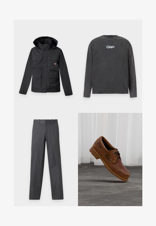 Chaqueta negra impermeable con capucha, que cuenta con cuatro bolsillos frontales, un cierre de cremallera y puños elásticos. Textura suave, diseño funcional.; Camiseta de manga larga de color gris oscuro con cuello redondo y el logo blanco "GAP" centrado en el pecho, exhibida sobre un fondo liso claro.; Pantalones grises confeccionados en una tela suave, con un diseño de pierna recta, cierre de botón y trabillas para cinturón; costuras mínimas y sin patrones.; Zapato náutico de cuero marrón con cordones negros, costuras beige y una suela resistente, suspendido sobre un suelo de hormigón gris.