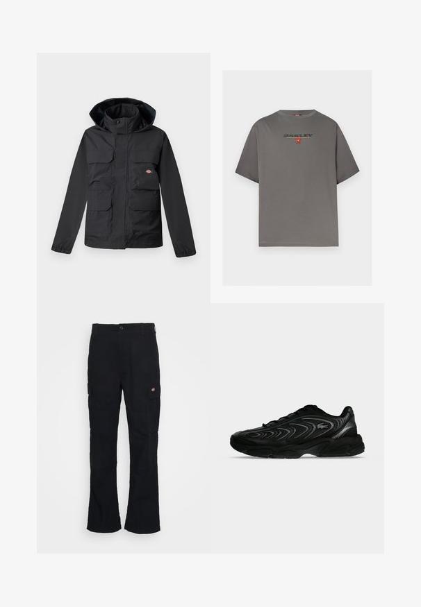 Schwarze wasserdichte Jacke mit Kapuze, ausgestattet mit vier Vorderfronttaschen, einem Reißverschluss und elastischen Bündchen. Glatte Textur, funktionales Design.; Graues T-Shirt mit kurzen Ärmeln, mit "OAKLEY" und einer kleinen roten Grafik in der Mitte der Brust, auf weißem Hintergrund dargestellt.; Schwarze Cargo-Hose mit geradem Bein, aus strapazierfähigem Stoff gefertigt, mit Seitentaschen und einem aufgenähten Logo auf der linken Seite.; Schwarzer Sportschuh mit wellenförmigen Mustern und kleinem Krokodil-Logo an der Seite, dargestellt auf einem einfarbigen hellgrauen Hintergrund.