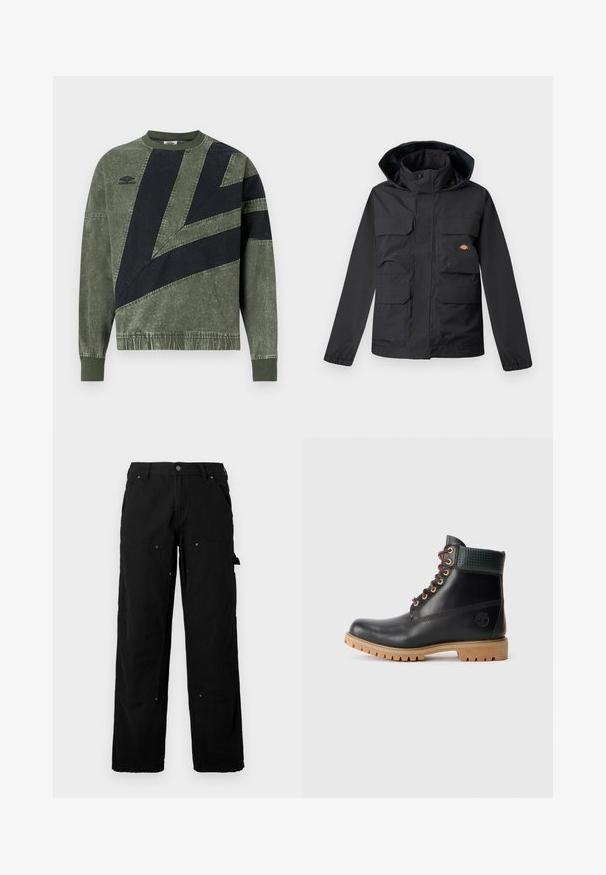 Sort vandtæt jakke med hætte, der har fire forlommer, lynlås foran og elastiske manchetter. Glat tekstur, funktionelt design.; Langærmet sweatshirt i grøn og sort farveblok med ribbede manchetter og krave, med Umbro-logo på venstre bryst.; Sorte cargo bukser lavet af slidstærkt stof med flere lommer, en afslappet pasform, synlige sømme og trykknapdetaljer.; Sort læder ankelstøvle med brune snørebånd, polstret grøn krave og tan gummisål med dybe riller, set fra siden på hvid baggrund.