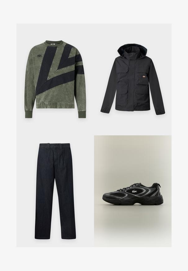 Sort vandtæt jakke med hætte, der har fire forlommer, lynlås foran og elastiske manchetter. Glat tekstur, funktionelt design.; Langærmet sweatshirt i grøn og sort farveblok med ribbede manchetter og krave, med Umbro-logo på venstre bryst.; Mørkeblå bukser med lige ben, høj talje og bæltestropper, vist mod en ensartet hvid baggrund.; Sort og grå atletisk sneaker med mesh-paneler, snørebåndsdesign, tyk sål og et lille krokodillelogo på siden.