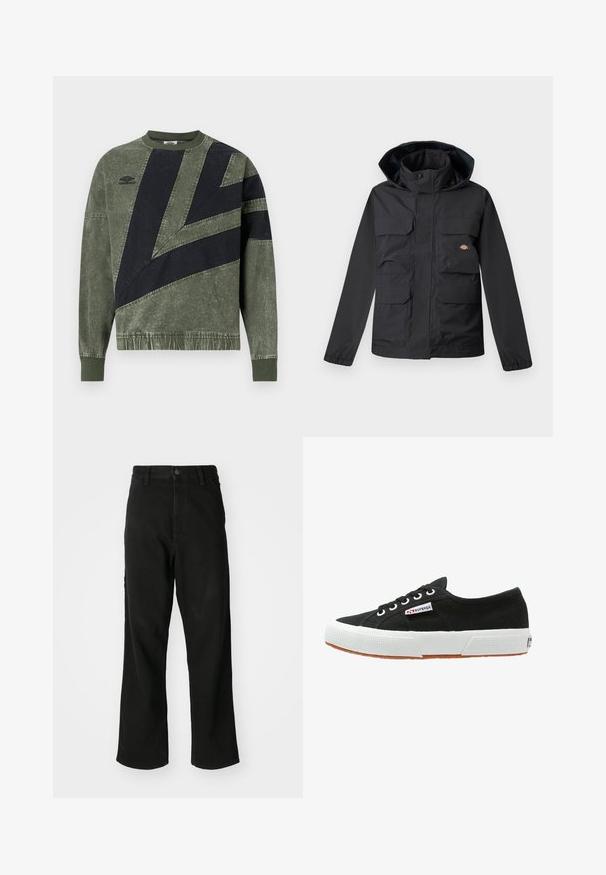 Sort vandtæt jakke med hætte, der har fire forlommer, lynlås foran og elastiske manchetter. Glat tekstur, funktionelt design.; Langærmet sweatshirt i grøn og sort farveblok med ribbede manchetter og krave, med Umbro-logo på venstre bryst.; Sort lige ben jeans med knaplukning, bæltestropper og forlommer på en ensfarvet hvid baggrund.; Sort lærredssneaker med hvid gummisål og brunt gummiydersål. Har rund tå, snørebåndsdesign og lille logoetiket på siden.