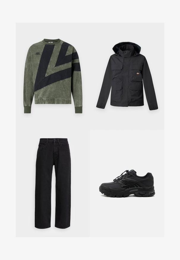 Schwarze wasserdichte Jacke mit Kapuze, ausgestattet mit vier Vorderfronttaschen, einem Reißverschluss und elastischen Bündchen. Glatte Textur, funktionales Design.; Langärmliges, grün-schwarz color-blocked Sweatshirt mit gerippten Bündchen und Kragen, mit Umbro-Logo auf der linken Brust.; Schwarze Denim-Hosen mit weitem Bein und hoher Taille, ausgestattet mit fünf Taschen und einem Knopfverschluss. Der Stoff hat eine glatte Textur und leichten Stretch.; Schwarzer athletischer Sneaker mit strukturiertem Stoff, dicker gepolsterter Sohle, Luftauslässen und Schnürverschluss, von der Seite auf hellem Hintergrund gezeigt.