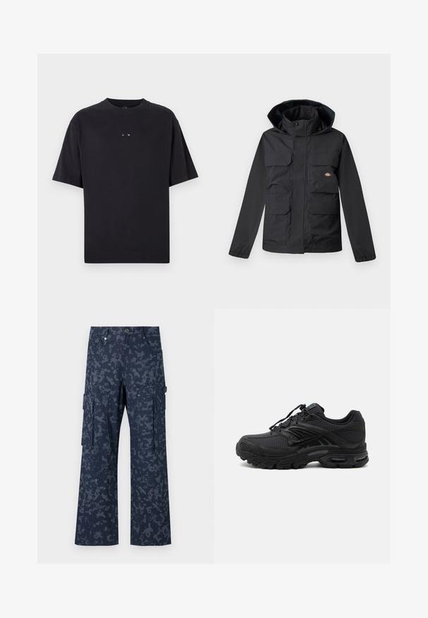 Čierna nepremokavá bunda s kapucňou, obsahujúca štyri predné vrecká, zips a elastické manžety. Hladká textúra, funkčný dizajn.; Oakley RISE TEE - Základné tričko - blackout; Sean John SCRIPT LOGO CAMOUFLAGE - Kapsáče - blue; Čierna atletická teniska s texturovanou tkaninou, hrubou polstrovanou podrážkou, odvetrávacími otvormi a šnurovaním, zobrazená z boku na svetlom pozadí.