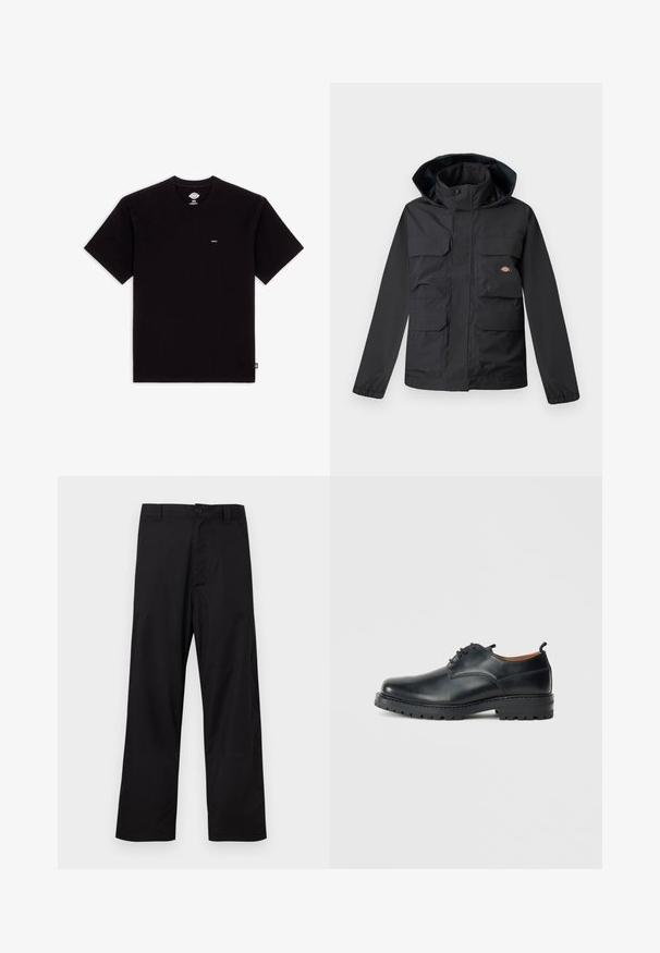 Chaqueta negra impermeable con capucha, que cuenta con cuatro bolsillos frontales, un cierre de cremallera y puños elásticos. Textura suave, diseño funcional.; Camiseta de algodón negra con mangas cortas, cuello redondo, presenta una pequeña etiqueta de logo en el pecho y un diseño liso sin patrones ni acentos.; Pantalones negros de pierna recta con cierre de botón y cremallera, trabillas para cinturón, mostrados extendidos sobre un fondo claro.; Zapatos derby de cuero negro con una textura suave, punta redondeada, diseño de cordones y una suela de goma gruesa y resistente.