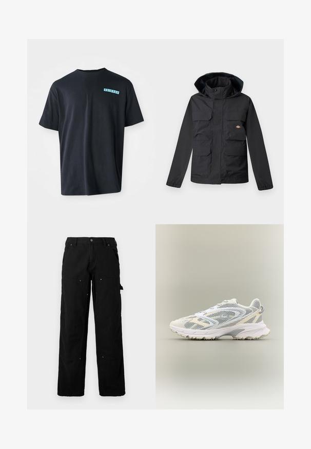 Schwarze wasserdichte Jacke mit Kapuze, ausgestattet mit vier Vorderfronttaschen, einem Reißverschluss und elastischen Bündchen. Glatte Textur, funktionales Design.; Schwarzes Baumwoll-T-Shirt mit kurzen Ärmeln, Rundhalsausschnitt und einem türkisfarbenen grafischen Logo auf der linken Brust. Glatte Textur, lässige Passform.; Schwarze Cargo-Hosen aus strapazierfähigem Stoff mit mehreren Taschen, lockerer Passform, sichtbaren Nähten und Druckknopfdetails.; Weißer Sportschuh mit grauen Netzpaneelen, strukturierten Überzügen, einem gepolsterten Kragen und einer Gummisohle mit kleinen Traktionsspikes.