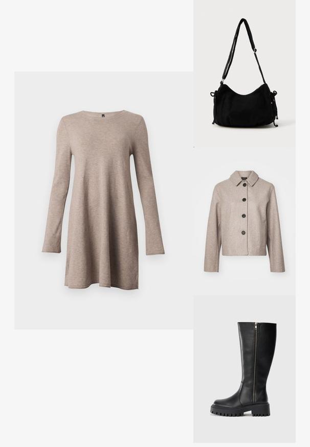 Veste courte en laine beige mélangée avec un col, cinq boutons noirs et poches latérales, à tissu texturé.; Robe à manches longues, en forme évasée, de couleur beige, en tissu doux avec un col rond. Présente une coupe décontractée et des manches fuselées.; Bottes noires en cuir, montantes jusqu'au genou, avec une fermeture éclair sur le côté, une finition texturée, un bout arrondi et une semelle en caoutchouc épaisse dotée d'un motif de semelle segmenté.; Sac à épaule en velours côtelé noir avec une forme courbée, bandoulière réglable et fermetures à cordon des deux côtés pour un ajustement de taille.