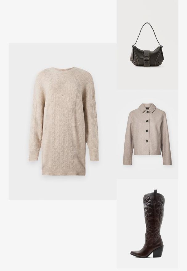 Beige Wollmischung kurze Jacke mit Kragen, fünf schwarzen Knöpfen und Taschen an der Seite, aus einem strukturierten Stoff.; Beiges Strickkleid aus Kabelstrick mit langen Ärmeln und geripptem Rundhalsausschnitt, Ärmeln und Saum.; Hoher dunkelbrauner Leder-Cowboystiefel mit gestickten dekorativen Mustern, spitzer Spitze und gestapeltem Blockabsatz.; Schwarze Leder-Schultertasche mit Schnallengurt-Detail, abgerundeten Kanten und kontrastierenden weißen Nähten auf schlichtem Hintergrund.