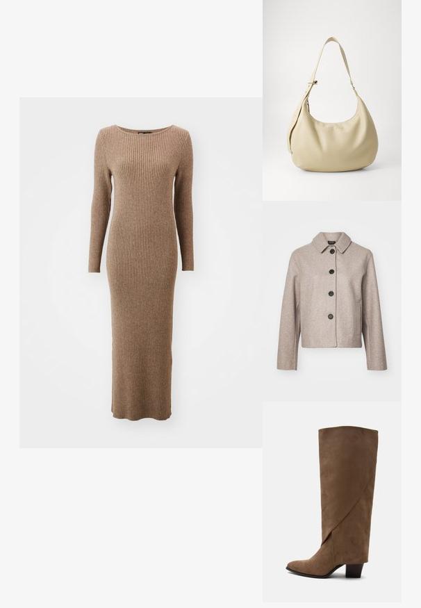 Beige uldblanding cropped jakke med krave, fem sorte knapper og sidelommer, der har et tekstureret stof.; Langærmet ribbet kjole i en varm brun farve med rund halsudskæring og en tætsiddende pasform, der strækker sig til anklerne.; Brun ruskind knehøj støvle med en foldet detalje og en mellemhøj blokhæl, vist fra siden på en hvid baggrund.; Beige læder skuldertaske med en buet form, justerbar rem og præget logo detalje, der har en glat tekstur og minimalistisk design.