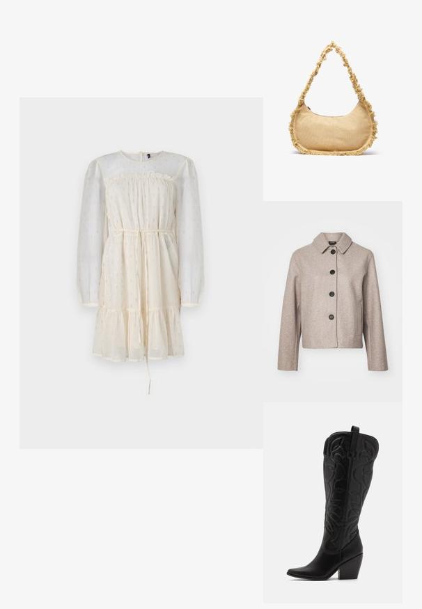 Veste courte en laine beige mélangée avec un col, cinq boutons noirs et poches latérales, à tissu texturé.; Robes crème avec de longues manches bouffantes en voile, un corsage froncé et une jupe à niveaux. Présente des accents subtils en argent et une taille à cordon.; Bottes hautes en cuir noir jusqu'aux genoux avec bout pointu et talon empilé. Caractéristiques de coutures décoratives et éléments de design courbés.; Sac beige texturé de forme arrondie, avec un bord effiloché tout le long des bords et une courte sangle pour le porter. Ouverture zippée en haut.
