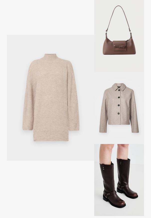 Veste courte en laine beige mélangée avec un col, cinq boutons noirs et poches latérales, à tissu texturé.; Pull col montant beige avec des épaules tombantes, fabriqué en maille côtelée. Coupe décontractée avec des manches longues et une texture lisse.; Bottines en cuir marron jusqu'aux genoux avec une texture lisse, dotées d'une large sangle et d'accents en métal triangulaires, semelles en caoutchouc plates.; Sac à bandoulière en cuir marron avec une poche à rabat avant ornée d'un détail en forme de nœud cousu et une sangle réglable.