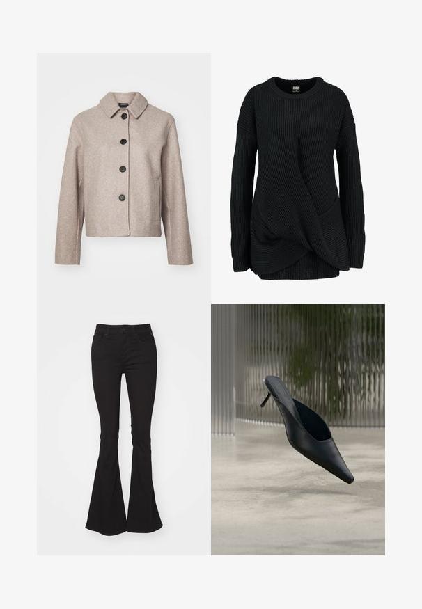 Beige villa-sekoite cropped takki, jossa on kaulus, viisi mustaa nappia ja sivutaskut, sekä teksturoitu kangas.; Mustaharjattu musta neulepusero, jossa on ribbikuvio, epäsymmetrinen kietoutumismuotoilu ja leveä pyöreä kaula-aukko pitkillä hihoilla.; Mustat levenevät farkut korkealla vyötäröllä, jossa on tavallinen nappi- ja vetoketjukiinnitys, kaksi etutaskua ja hieman teksturoitu kangas.; Mustat kärjest terävät mules-kengät, joissa on ohut korkea korko, kelluvat sileän betonilattian yläpuolella, taustalla epätarkka pystyraitakuosi.