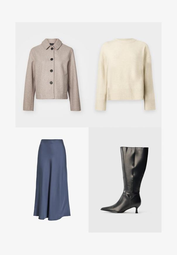 Beige villa-sekoite cropped takki, jossa on kaulus, viisi mustaa nappia ja sivutaskut, sekä teksturoitu kangas.; Knit sweater berwarna krim dengan lengan panjang, manset ribbed, hem, dan leher crew, dipajang di latar belakang polos.; Syvä sininen satiininen A-linjainen hame. Sujuva pinta, lattiaan ulottuva, istuva vyötärö ja levenevä helma. Ei näkyviä kuvioita tai metalliosia.; Musta, polven korkeudelle ulottuva nahkasaapas, jossa on terävä kärki ja matala kissankorko, esitetty yksinkertaisella vaalealla taustalla.