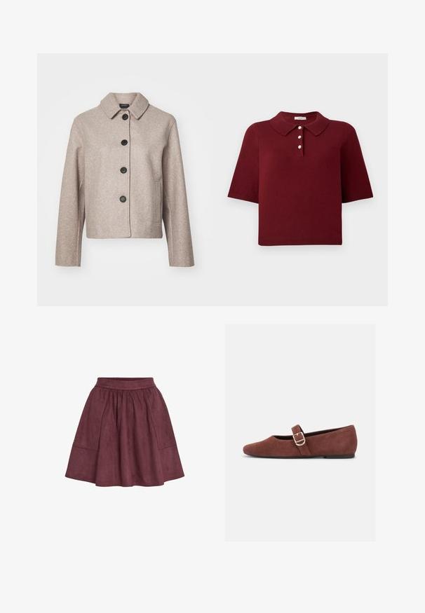 Beige uldblanding cropped jakke med krave, fem sorte knapper og sidelommer, der har et tekstureret stof.; Burgunderrød strikket polo-shirt med korte ærmer, en klassisk krave og fire knaplukninger med runde hvide knapper.; Bordeaux ruskindsnederdel med en flagrende form, elastisk talje og to sidelommer, der har en blød tekstur og minimalistisk design.; Brun ruskind Mary Jane-flad sko med en guldspænde og sort sål på hvid baggrund.