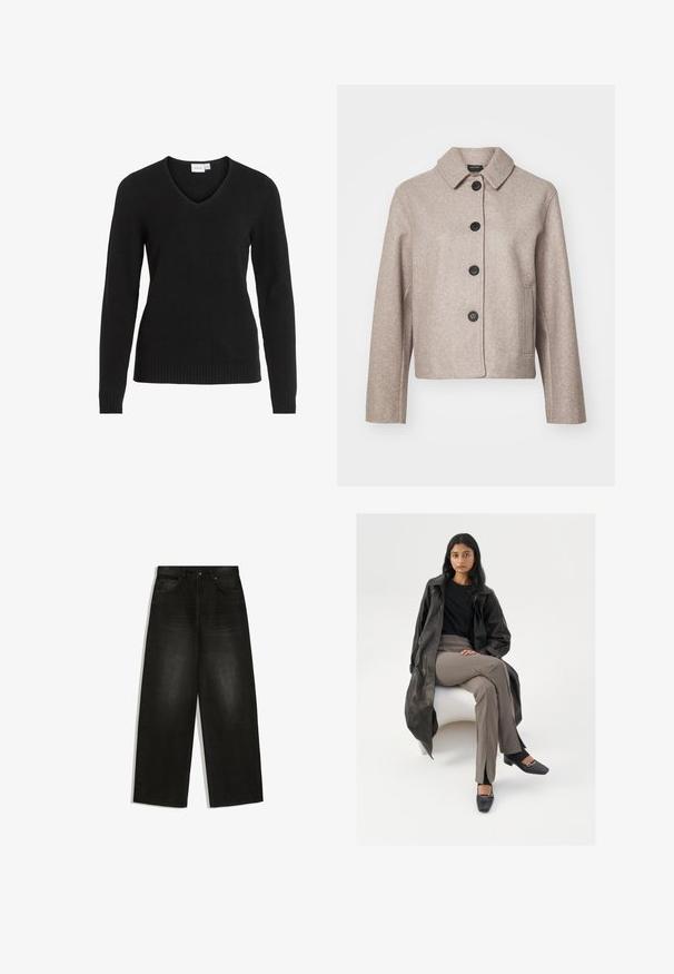 Beige wolmix cropped jacket met een kraag, vijf zwarte knopen en zijzakken, van een gestructureerde stof.; Zwarte V-hals trui van zachte stof, met lange mouwen, ribbels aan de zoom en manchetten, in een eenvoudig en klassiek ontwerp.; Zwarte jeans met hoge taille en wijde pijpen, met voorzakken, riemlussen en een knoopsluiting, plat liggend op een witte achtergrond.; Zwarte leren trenchcoat, zwart shirt, beige high-waisted broek, zwarte vierkante schoenen met een zilveren gesp, zittend op een witte stoel.