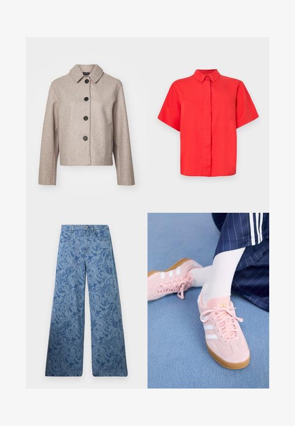 Chaqueta corta de mezcla de lana en color beige con cuello, cinco botones negros y bolsillos laterales, con una tela texturizada.; Camisa roja de manga corta con cuello abotonado, hecha de tela suave, con corte recto y cierre frontal de botones.; Vaqueros anchos azules de talle alto con un elaborado patrón de cachemir y diseño clásico de cinco bolsillos.; Zapatillas de suéd de color rosa claro con rayas y cordones blancos, que presentan una lengüeta texturada y una suela de goma, colocadas sobre una alfombra azul.