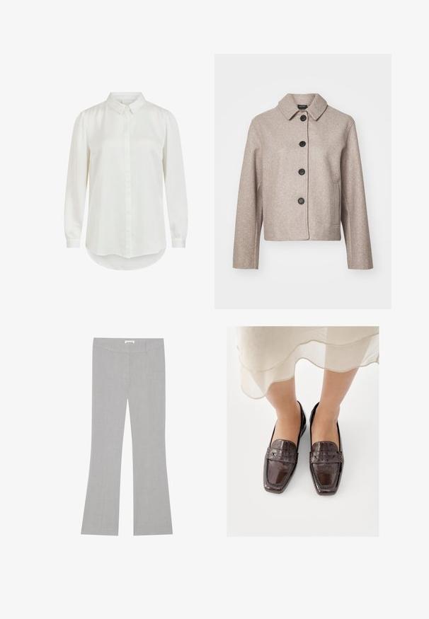Beige wolmix cropped jacket met een kraag, vijf zwarte knopen en zijzakken, van een gestructureerde stof.; Witte blouse met lange mouwen en een klassieke kraag, met een gladde textuur en knoopsluiting. Rond gemaakte zoom en licht gepofte mouwen.; Grijze, uitlopende broeken van een textuurstof, met een ritsluiting en twee zijzakken. Geschikt gesneden en met een middelhoge taille.; Bruine leren loafers met een glanzende afwerking, voorzien van een vierkante neus, gestikte accenten en een lage, platte hak.