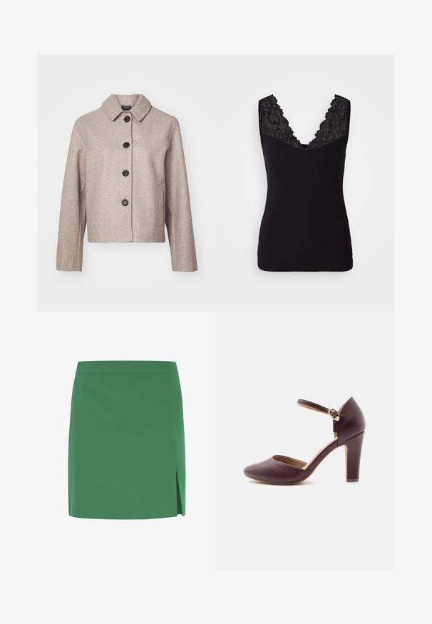 Beige uldblanding cropped jakke med krave, fem sorte knapper og sidelommer, der har et tekstureret stof.; Sort tanktop med blondekant langs V-halsen. Blødt stof med tætsiddende pasform, uden ærmer og sømløs kant.; Grøn mini nederdel med en glat tekstur, der har en lige skæring og en sideslids for ekstra detaljer. Enkel, udecoreret design.; Mørkebrun læder højhælet sko med lukket spids, ankelrem med guldlås og perle dekoration, samt blokhæl.
