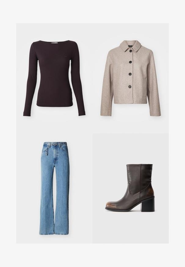 Beige uldblanding cropped jakke med krave, fem sorte knapper og sidelommer, der har et tekstureret stof.; Langærmet ribbet top i mørk lilla med rund halsudskæring og tætsiddende silhuet. Blød tekstur med subtilt logo på brystet.; Lyseblå jeans i høj talje med vide ben, fem lommer og et matchende bælte i denim med metaløjer og spænde.; Mørkebrune læderstøvler til midt på læggen med rund tå og blokhæl, der viser subtile slidte detaljer på tå- og hælområder.