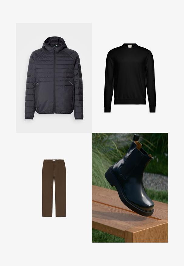 Sort oppustelig jakke med lynlås, hætte og ribbede manchetter. Har et paneldesign og sidelommer, lavet af letvægts syntetisk materiale.; Sort langærmet sweater med rund hals og ribstrikkede manchetter og kant, med et lille hvidt mærke med brand inde i halsudskæringen.; Brune, lige ben bukser lavet af tekstureret stof. Har en frontknap lukning og bæltestropper. Ingen synlige lommer eller mønstre.; Sorte læder chelsea støvle med glat finish, elastiske sidepaneler, rund tå og tyk gummisål, placeret ovenfor en træoverflade.