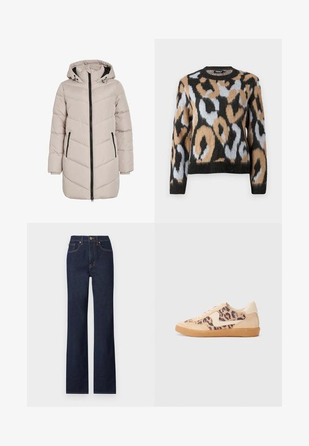 Lys beige polstret jakke med hætte, der har en chevron-design, sort lynlåslukning og to sidelommer. Stoffet har en glat tekstur.; Sweater med leopardmønster, rund halsudskæring, lange ærmer og en blanding af sorte, brune og lyseblå farver med struktureret strikstof.; Mørkeblå denim jeans med lige ben, featuring en frontlukning med knap, fem lommer og kontrasterende syninger.; Leopardprint sneakers med beige ruskindsoverdel, tan gummisål og hvide detaljer. Rund pegefinger og snørebåndsdesign med en tekstureret finish.