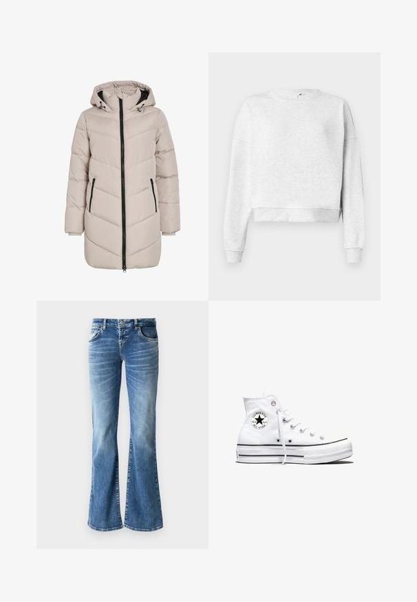 Lichtbeige gewatteerde jas met een capuchon, voorzien van een zigzagpatroon, zwarte ritssluiting en twee zijzakken. De stof heeft een gladde textuur.; Grijze katoenen sweatshirt met een ronde halslijn, verlaagde schouders en geribbelde manchetten. Heeft een cropped zoom en een zachte, textuurstof.; Lichtblauwe denim flared jeans met een vervaagde wassing, vijf zakken, gestikte details en een rits met knopsluiting.; Witte hoge Converse Chuck Taylor All Star sneaker met zwart logopatch en witte veters, weergegeven op een witte achtergrond.