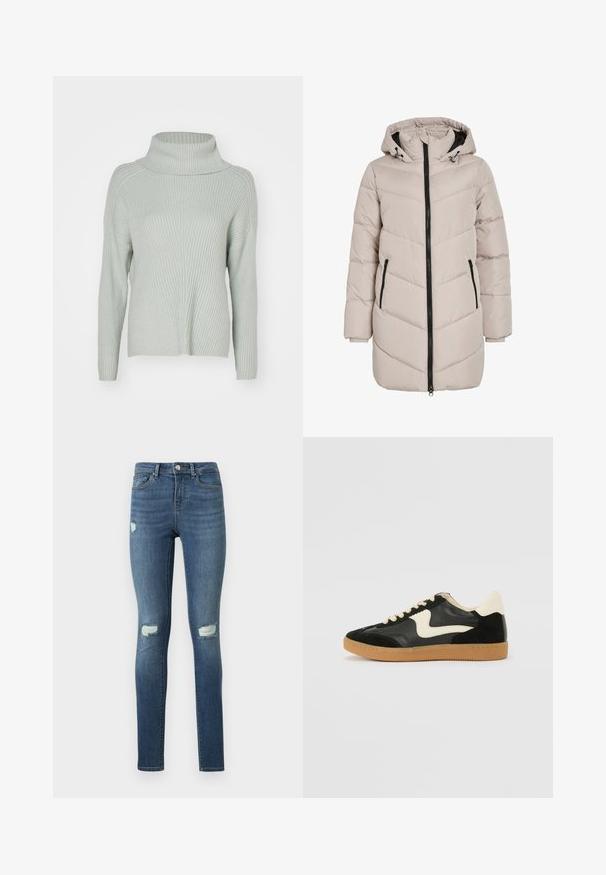 Hele beez värvi polsterdatud jakk kapuutsiga, chevron-mustriga, musta tõmbluku ja kahe küljetaskuga. Kangas on sileda tekstuuriga.; ONLY ONLKATIA SADDLE ROLL NECK - Džemper - aqua gray melange; Sinised kitsad teksapüksid tuhmide detailide ja kulunud rebenditega reitel ja põlvedel, ees taskute ja nööpidega.; Must musta ja nahast sneakersid, millel on koorevärvi külgsuund ja hele koorik. Omab beeži paelu ja kummi kummist välistalla.