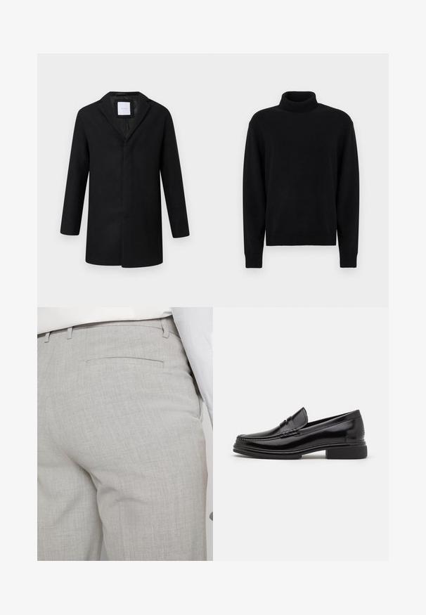 Abrigo de mezcla de lana negro con solapa muesca, mangas largas y corte recto. Presenta un diseño minimalista y sin herrajes visibles.; Jersey de cuello alto negro hecho de tela de punto. Cuenta con mangas largas y puños y dobladillo acanalados. Diseño sencillo y sin costuras, sin patrones.; Pantalones grises claros a medida hechos de tela texturizada, con un solo bolsillo trasero y costuras limpias.; Mocasines de cuero negro con punta redondeada, que presentan un detalle cosido a través del empeine y un tacón bajo y cuadrado. Textura suave y acabado brillante.