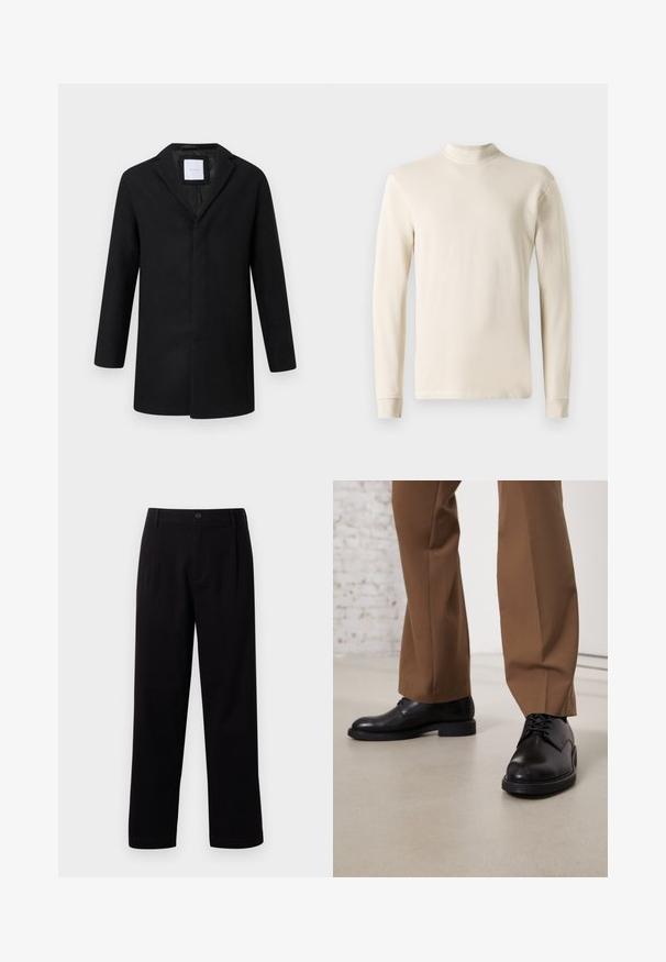 Schwarzer Wollmischmantel mit Reverskragen, langen Ärmeln und geradem Schnitt. Minimalistisches Design ohne sichtbare Hardware.; Langärmliges, cremefarbenes Turtleneck-Shirt aus weichem Baumwollstoff, mit taillierter Passform und geripptem Halsauschnitt sowie geraden Schnittkanten.; Schwarze Stoffhose mit geradem Schnitt, Bundfalten und einem einzigen Knopfverschluss. Glatte Textur und keine sichtbaren Muster.; Schwarze Lederschuhe mit glatter Oberfläche und runder Zehenpartie, mit Schnürverschluss und einer flachen, niedrigen Sohle. Kombiniert mit braunen Hosen.