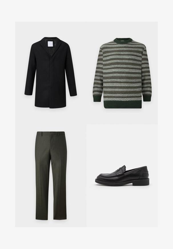 Sort uldblandingsjakke med slagkrave, lange ærmer og lige pasform. Har et minimalistisk design uden synlige metaldele.; Langærmet sweater med vandrette grønne, brune og hvide mønstrede striber, ribbede manchetter, kant og rund halsudskæring.; Mørkegrønne skræddersyede bukser med en glat tekstur, lige pasform, bæltestropper og frynser foran. Ingen synlige lommer eller dekorationer.; Sorte læder loafers med en rund tå, tonale syninger og en stropdetalje foran. Gummisål med en lav hæl.