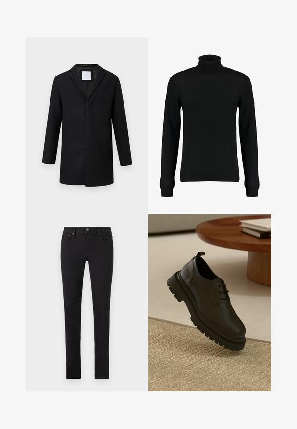Sort uldblandingsjakke med slagkrave, lange ærmer og lige pasform. Har et minimalistisk design uden synlige metaldele.; Sort turtleneck sweater i et glat strikket stof, med lange ærmer og en tætsiddende silhuet. Ribstrikkede manchetter og kant.; Sorte slim-fit jeans med fem lommer, knaplukning og bælteklips, vist fladt på en hvid baggrund.; Sort lædersko med en tekstureret overflade, rund tå, snørelukning og en kraftig sort gummisål. Svævende over et vævet tæppe.