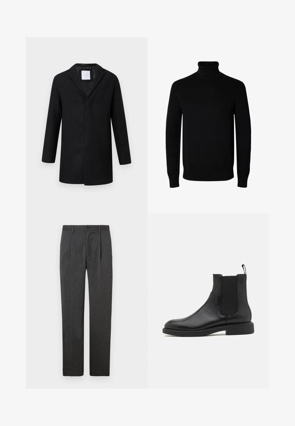 Schwarzer Wollmischmantel mit Reverskragen, langen Ärmeln und geradem Schnitt. Minimalistisches Design ohne sichtbare Hardware.; Schwarzer Langarm-Rollkragenpullover mit gerippten Bündchen und Saum, auf einem schlichten weißen Hintergrund dargestellt.; Graue maßgeschneiderte Hose mit geradem Bein, ausgestattet mit einer Bügelfalte, Reißverschluss und Knopfverschluss. Glatte Textur, klassisches Design.; Schwarze Leder-Ankle-Boots mit glatter Textur, elastischen Seitenpaneelen und einer Zuglasche. Runde Zehenpartie und flache Gummisohle mit minimalem Profil.