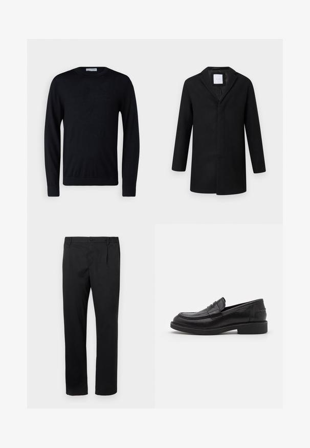 Schwarzer Wollmischmantel mit Reverskragen, langen Ärmeln und geradem Schnitt. Minimalistisches Design ohne sichtbare Hardware.; Schwarzer Pullover mit langen Ärmeln und Rundhalsausschnitt, mit gerippten Bündchen und Saum, vor weißem Hintergrund präsentiert.; Schwarze gerade geschnittene Hosen mit Knopf- und Reißverschluss, Seitentaschen und teilweise elastischem Bund auf einem weißen Hintergrund.; Schwarze Lederloafer mit abgerundetem Zeh, farblich abgestimmtem Nähen und einem Riemendetail an der Vorderseite. Gummi-Sohle mit niedrigem Absatz.